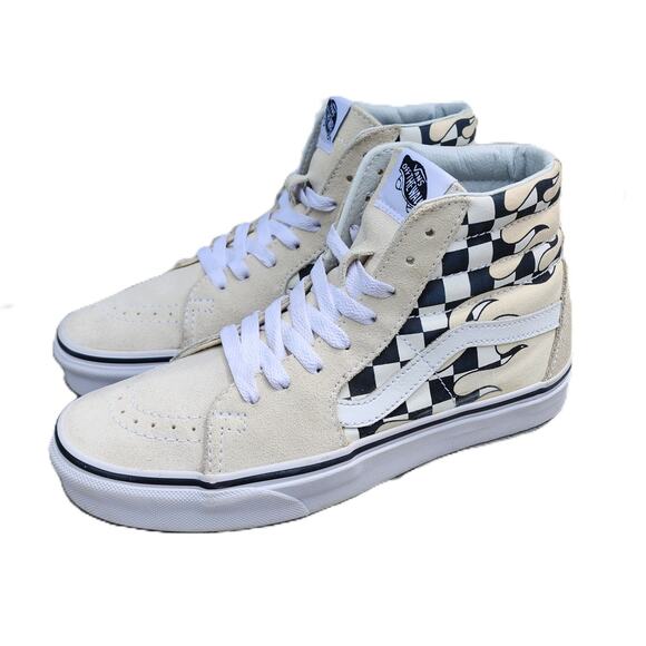 Vans Sk8-Hi Checker Flame Sneakers Off White Black High Top Classic Skate Shoes - Picture 1 of 10